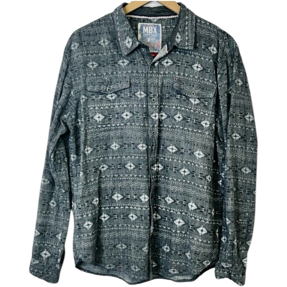 MBX Men's Aztec Button Down Shirt Size Large Grey Black 100% Cotton‎ Slim Fit